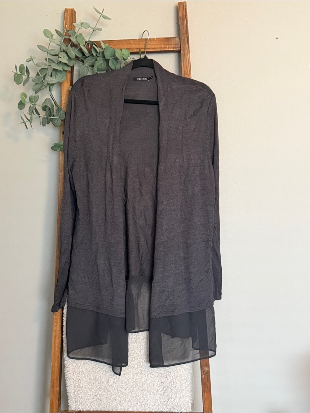 NIC+ZOE Charcoal Gray Open-Front Cardigan with Sheer Hem